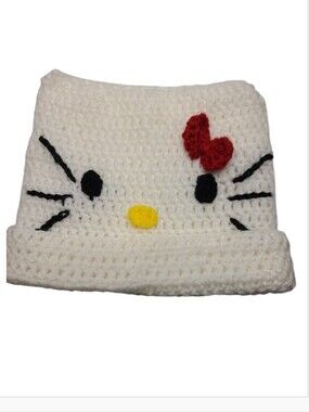 Hello Kitty Crochet Square Beanie Knit Cat Ear Hat White Red Bow
